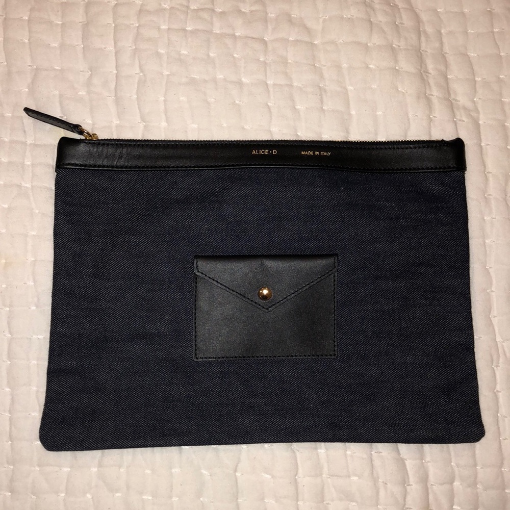 Alice D denim print canvas clutch